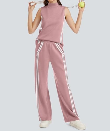 Casly Lamiit Womens 2 Piece Lounge Sets Casual Travel Outfits Sweat Suit Active Mock Neck Tank Tops Track Pants Matching Airport Clothes Dark Pink L - Thumbnail 2
