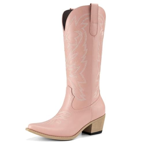 Athlefit Cowboy Cowgirl Boots for Women Fashion Low Chunky Heel Snip Toe Embroidery Western Mid Calf Boots Pink Size 5.5 - Image 1