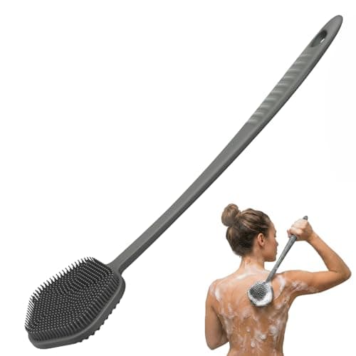 Redfly Silicone Back Scrubber for Shower Brush, 17 inch Long Handled Silicone Body Scrubber for Men & Women, Double Sided Shower Scrubber for Body Brush Exfoliator and Massage, Gray - Image 1