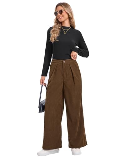 Ystguic Women's High Empire Elastic Waist Corduroy One Button Zipper Wide Leg Palazzo Coffee Chocolate Brown Pant with Pockets Casual Spring Summer Loose Vocation Holiday Comfy Slack Trousers - Thumbnail 6