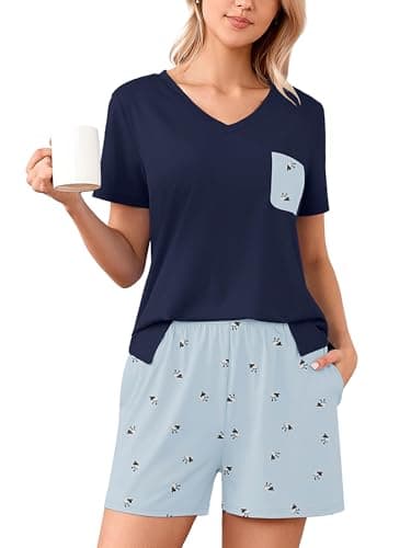 Heymoments Women's Pajama Sets 2 Piece Print Floral XX-Large Soft Summer Short Sleeve Ladies V-Neck Lounge with Pockets Breathable Sleepwear Comfy Nightwear Womens Pjs Set - Image 1