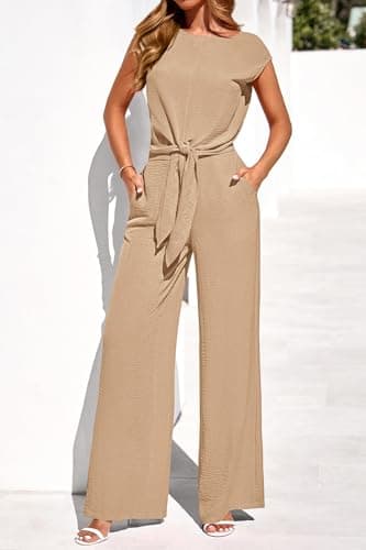 PRETTYGARDEN Women 2 Piece Lounge Sets 2026 Casual Summer Outfits Cap Sleeve Strappy Crop Tops Wide Leg Pant Tracksuit(Khaki,Large) - Thumbnail 3