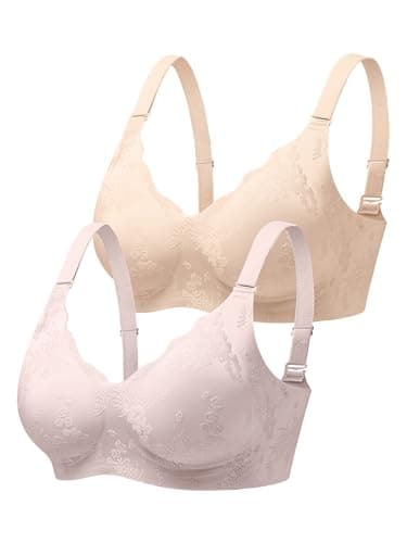 Cuteio 2 PCS Wireless Jelly Bras for Women No Underwire S/M, Seamless Comfortable Jacquard Bralettes, Padded Convertible Bra, 2PCS, S, Skin+Gray Pink - Image 1