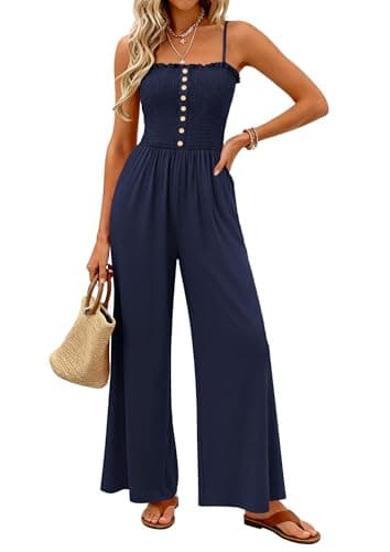 PRETTYGARDEN Jumpsuits for Women Dressy 2026 Summer Sleeveless Casual Wide Leg Rompers Spring Cruise Vacation Outfits (Navy,Medium) - Image 1