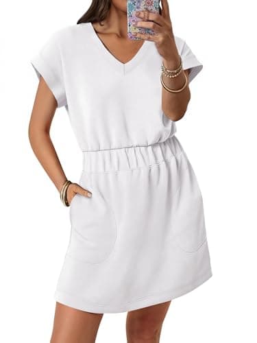 ANRABESS Womens Summer Dresses Casual V Neck Short Sleeve Elastic Waist Mini Tshirt Dress Beach Vacation Sundress with Pocket White Medium - Image 1