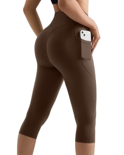 MOOSLOVER Women Capris Leggings with Pockets High Waisted Tummy Control Workout Yoga Capri Pants(L,Dark Brown)