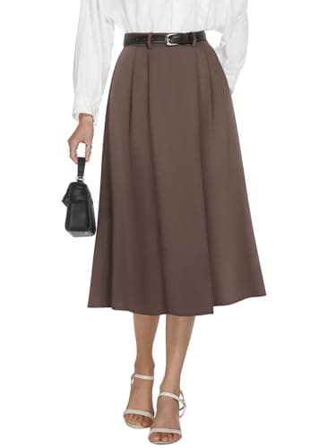 Casly Lamiit Skirts for Women Midi Length High Waisted Skirts Summer Elastic Flare Pleated A Line Skirt Brown XS - Image 1
