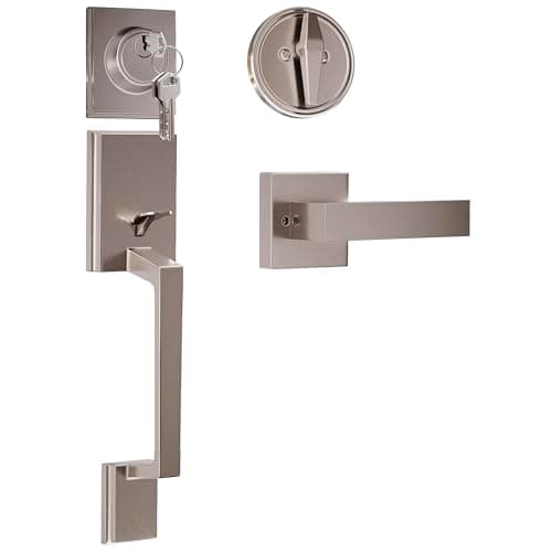 Front Door Lock Set – Zinc Alloy Body with Multi‑Layer Plating, Satin Nickel – Front Door Handle and Deadbolt Set with Adjustable Latch, Smooth, Quiet Turn, Reversible Left/Right, Rust-Resistant - Image 1