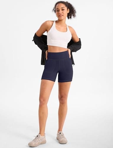 Cyasundent Women's Athletic Shorts with Zipper Pocket 6" High Waisted Bermuda Shorts for Women Workout Walking Running(Navy_XXL) - Thumbnail 3