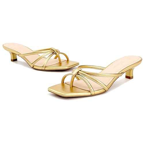 Athlefit Gold Heels for Women Strappy Flip Flop Low Kitten Heels Square Toe Dressy Party Cocktails Dance Short Thong Heeled Sandals Size 6 - Thumbnail 6