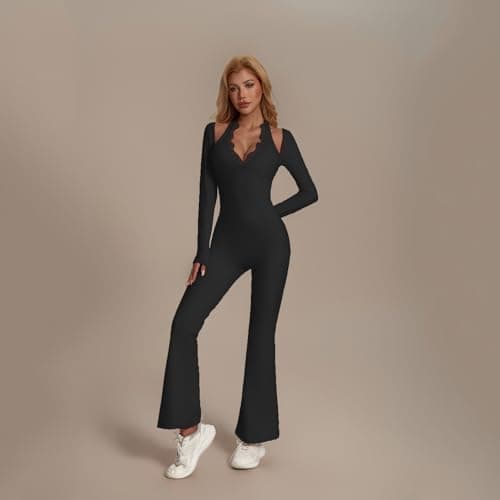 KAIFUYING One Piece Wide Leg Jumpsuits For Women Workout Long Sleeve Jumpsuit Flare Yoga Romper V-Neck Sexy Lace Black-M - Thumbnail 6