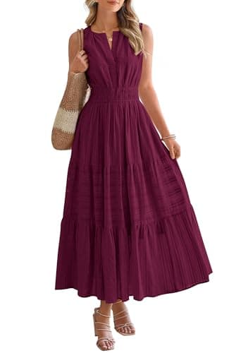 BTFBM Summer Dresses for Women 2026 Sleeveless Boho V Neck A Line Flowy Spring Casual Maxi Dress Beach Vacation Pockets(Burgundy, Small) - Image 1