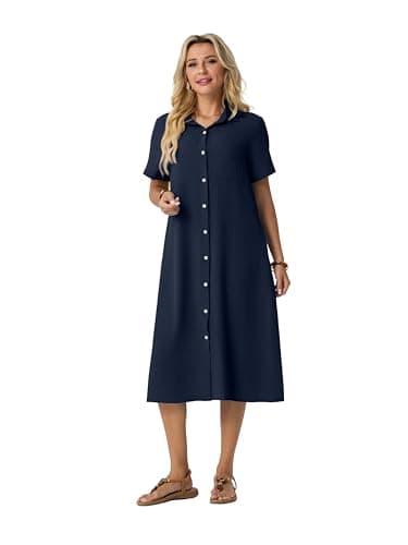 HiMONE Women’s Casual Shirt Dress Button Down Midi Dress Short Sleeve Collared Loose Fit Summer Dress with Pocket Side Slit - Thumbnail 4
