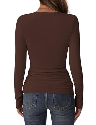 C.O.Z.Y Womens Long Sleeve Shirts Ribbed Crewneck Slim Fit Tops Casual Layering Basic Tee T-Shirt Trendy Outfits Brown - Thumbnail 4