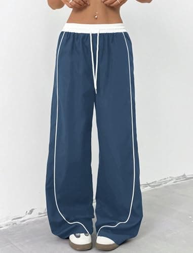 ZAFUL Womens Parachute Pants Y2K Wide Leg Cargo Sweatpants Drawstring Waist Jogger Pants with Pockets Blue XL - Thumbnail 4