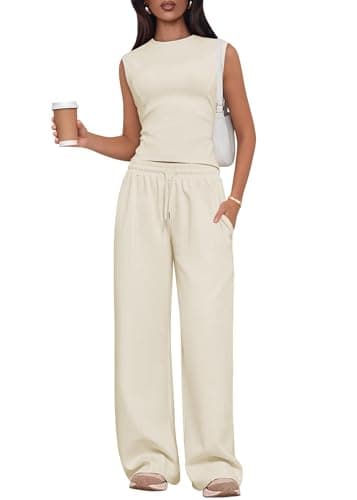 Lazysmile 2 Piece Sets for Women Summer Outfits Lounge Sets Sleeveless Tops Wide Legs Long Pants Tracksuits