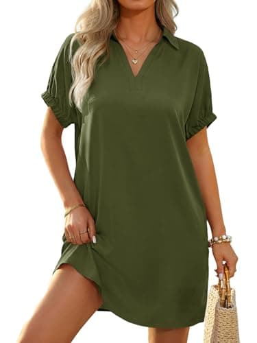 Wenrine Women Swimsuit Coverup Shirt Dress Collared V Neck Short Sleeve Bathing Suit Cover Up Summer Beach Vacation Outfits Army Green - Image 1