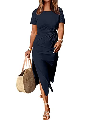 ANRABESS Women's 2025 Summer Maxi Tshirt Dress Short Sleeve Crewneck Tie Waist Casual Slim Fit Slit Spring Long Beach Dresses Navy Blue Large - Image 1