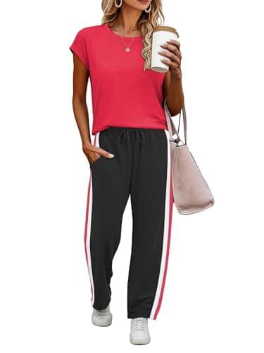 Casly Lamiit Womens Summer Outfits Travel Lounge Sets Short Sleeve Two Piece Sets Crew Neck Casual Tracksuits Red 2XL - Image 1