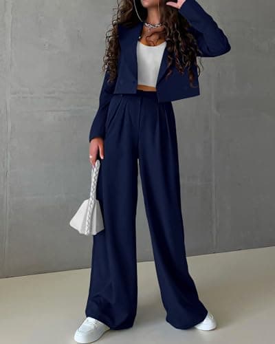 KIRUNDO Womens Blazers for Work Casual Long Sleeve Cropped Blazer Pleated Wide Leg Pants Sets 2 Piece Outfits Spring Fall Fashion Teacher Clothes(Navy, Medium) - Thumbnail 3