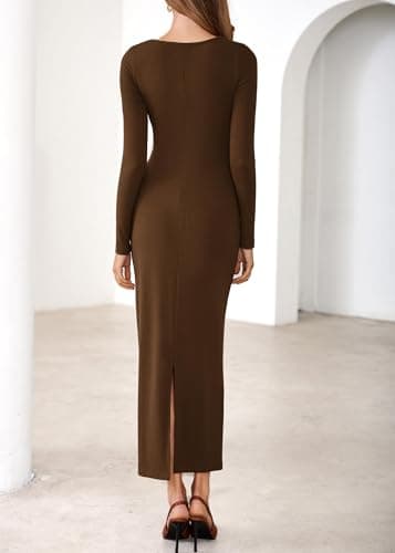 Lazysmile Women's Long Sleeve Asymmetrical Neck Bodycon Maxi Dress Back Slit Ruched Party Cocktail Wedding Guest Dressees Brown - Thumbnail 2
