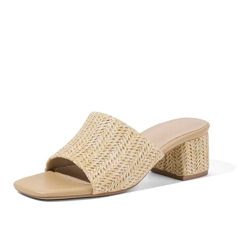 MeiLuSi Raffia Heeled Sandals for Women Chunky Block Heeled Mules Square Open Toe Summer Heels Vacation Dressy Shoes Beach Slides Slip On Raffia Apricot Size 6