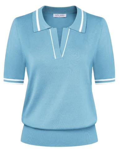 Kate Kasin Short Sleeve Sweaters for Women, V Neck Knit Tops, Business Casual Polo Shirts Blue-White XXL - Image 1