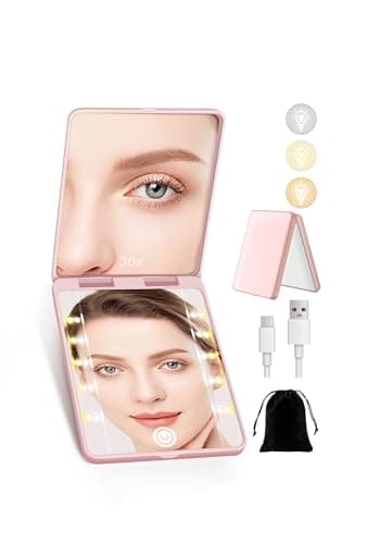 SisKokoro Compact Mirror, Rechargeable 30X Magnifying Mirror with 3 Lighting Modes & Dimmable Brightness, Portable Travel Makeup Mirror with Light, Essentials for Travel, Pocket, Purse Pink - Image 1