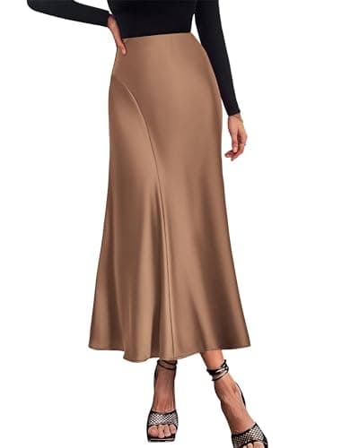 KIRUNDO Women Spring Summer Satin Maxi Skirt 2026 Trendy High Waisted Wedding Cocktail Party Work Silk A-Line Formal Skirts(X-Large, Coffee) - Image 1