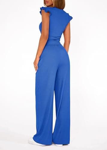 KIRUNDO Two Piece Sets For Women Dressy 2026 Summer Cap Sleeve Cute Tops Wide Leg Pants Spring Matching Set Vacation Outfits(Blue, X-Large) - Thumbnail 2