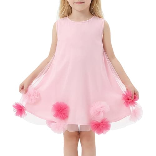Girls Summer Dress, Toddler Tulle 3D Floral A-Line Outfits, Casual Princess Party Sundress for Kids 4-9Y Pink - Image 1