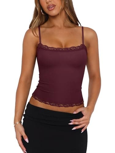 PINKMSTYLE Y2K Lace Trim Square Neck Cami Top for Women Slim Fit Double Lined Adjustable Straps Tank Tops Sexy Y2K 2026 Navy Blue Large - Thumbnail 2