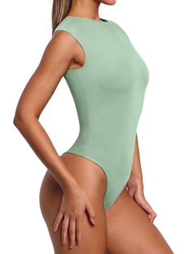 PINKMSTYLE Cute Double Lined Sleeveless Bodysuit for Women Crew Neck Tank Tops Sexy Thong Outfits Tops Sage Green Medium - Thumbnail 5