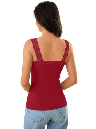 GKBK Tank Tops for Women Ribbed Slim Fit Camisole Sleeveless Lace Tank Tops Summer Casual Basic Tops Cute V Neck Soft Lace Trim Cami Undershirt Spring Clothes 2026 Fashion Outfits Red - Thumbnail 4
