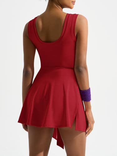 Dokuritu Tennis Dresses for Women Sleeveless Crew Neck Knot Romper Built in Shorts U-Shaped Back Workout Athletic Dress Red - Thumbnail 2