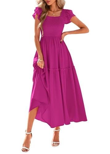 KIRUNDO Smocked Summer Dresses for Women 2026 Wedding Guest Midi Flowy Ruffle Short Sleeve Square Neck Tiered Sundress(Rose Red, XX-Large) - Image 1