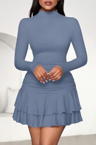 PRETTYGARDEN Womens Spring Long Sleeve Dresses 2026 Mock Neck Ruched Y2K Clothes Ruffle Layered Bodycon Mini Party Dress(Dusty Blue,X-Large) - Thumbnail 3