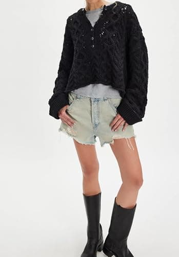 Jenkoon Women's Cable Knit Sweater Oversized Crop Knit Pullover Chunky Crew Neck Long Bell Sleeves Button Front Sweaters(Black,L) - Thumbnail 2