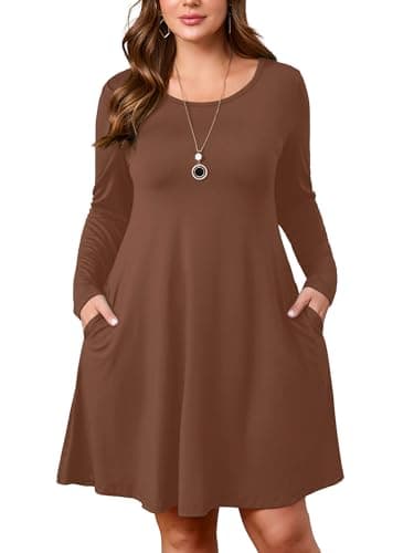 AusLook Women's Plus Midi Dress Long Sleeve Crew Neck A-Line Casual Swing Flowy Floral Vacation Boho Fall Maternity Wedding Guest Work Dark Brown 2X 2025 Dresses - Image 1
