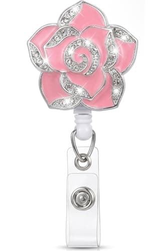 Hyloxs Badge Reel for Nurse Medical, Bling Camellia Flower Retractable ID Badage Holder for Occupational Therapy Gifts Funny Badge Holder for Teachers Students Employees ID Badge