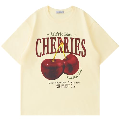 Aelfric Eden Oversized Graphic Tees Unisex Cherries Print T Shirts Casual Summer Short Sleeve Top Cotton Cute Tee Shirt Apricot