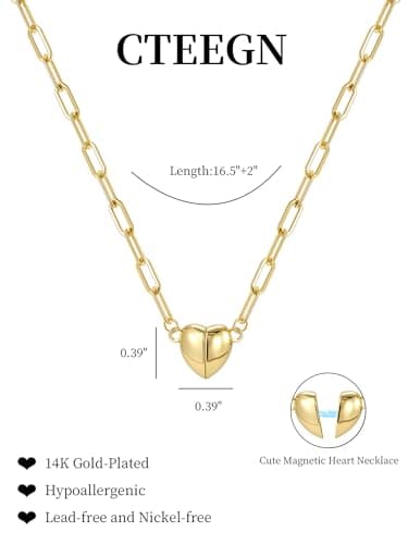 CTEEGN 14K Gold Heart Necklaces for Women, Magnetic Heart Necklace, Dainty Paperclip Chain with Easy-On Magnetic Clasp, Non Tarnish Bubble Heart Pendant, Tiny Everyday New Beginnings Gift for Her - Thumbnail 5