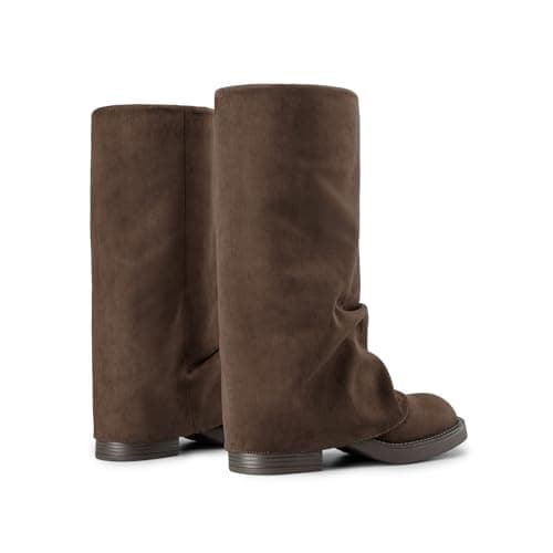 Athlefit Slouchy Mid Calf Boots for Women Fold Over Square Toe Platform Wide Calf Pull On Brown Suede Fall Boots for Travel Vacations Size 11 - Thumbnail 5