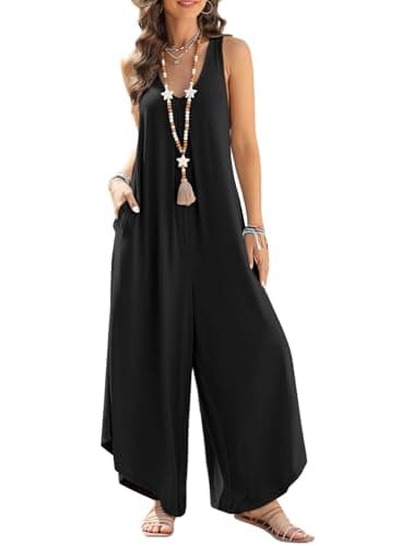 Happy Sailed Womens Overall Jumpsuits Summer Sleeveless Ruched V Neck Flared Wide Leg Pants Rompers with Pockets Beach Vacation Outfits 2025 Black Large - Image 1