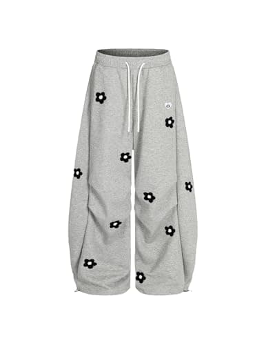 Aelfric Eden Baggy Wide Leg Sweatpants Flower Embroidery Casual Y2K Elastic Drawstring Lantern Barrel Lounge Trouser Pants Grey XS