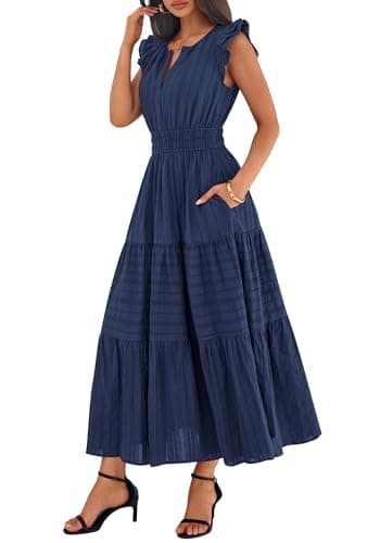 BTFBM Womens Summer Maxi Dress 2026 Spring Boho Vacation Ruffle Flutter Short Sleeve A Line Tiered Flowy Dresses Pockets(Navy Blue, Medium) - Thumbnail 5