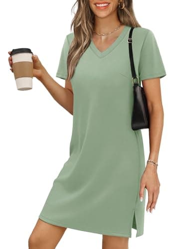 RUMIA Summer Casual Dresses for Women 2026 Mini Vacation Dress V-Neck Short Sleeve Split Hem Beach Sundress Sage XL - Image 1