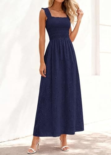 KIRUNDO Summer Lace Dress Vacation Outfits for Women 2026 Wedding Guest Dresses Maxi Beach Boho Sleeveless Cotton Sundress (Navy, X-Large) - Thumbnail 3