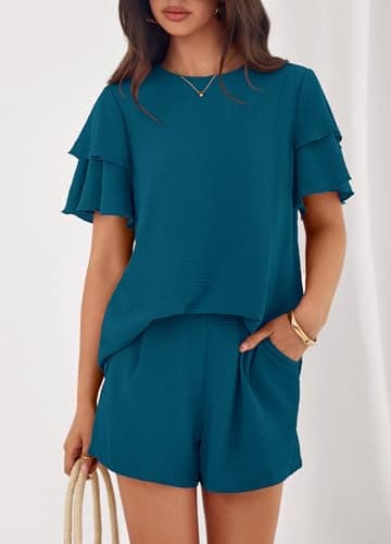 KIRUNDO 2 Piece Sets For Women Summer Ruffle Short Sleeve Top Elastic Waist Pants Matching Lounge Set Vacation Travel Outfits(Dark Blue, Small) - Thumbnail 3