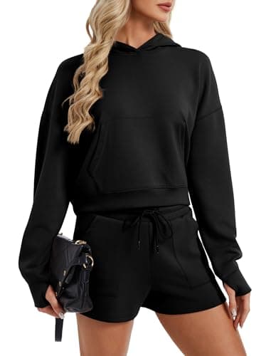 SPECIALMAGIC Women's 2 Piece Scuba Hoodie and Shorts Set Cozy Stretchy Sweatsuit Set Athleisure Outfit Lounge Street Black Large - Image 1